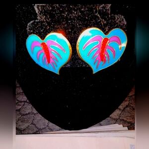 Vintage Laurel Burch Antherium Heart Enamel Goldtone Stud Earrings Jewelry